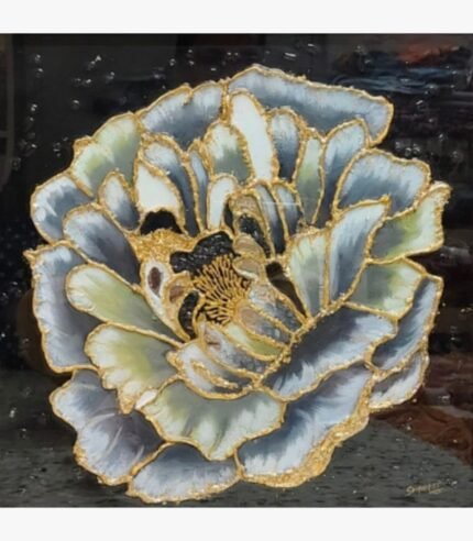 Handcrafted contemporary glass painting titled Golden Peony Bloom by Sabana Munshi featuring a layered grey and white peony flower outlined with metallic gold textured borders on a dark background.