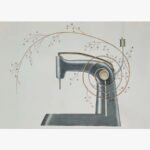 Original contemporary watercolor painting titled Interwoven Time by Hardev Chauhan showcasing a vintage steel sewing machine entwined with a golden spiral branch on a clean off-white background.