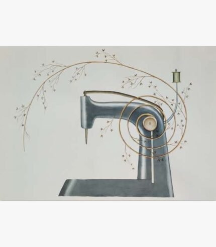 Original contemporary watercolor painting titled Interwoven Time by Hardev Chauhan showcasing a vintage steel sewing machine entwined with a golden spiral branch on a clean off-white background.