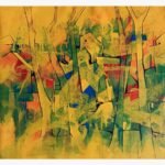 Original abstract landscape acrylic painting titled Verdant Haven by Sajjad Kapasi featuring a stylized forest with vertical tree trunks, geometric houses, and a vibrant yellow, green, and red color palette.