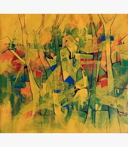 Original abstract landscape acrylic painting titled Verdant Haven by Sajjad Kapasi featuring a stylized forest with vertical tree trunks, geometric houses, and a vibrant yellow, green, and red color palette.