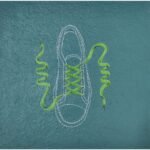Original contemporary surrealist watercolor painting titled The Invisible Stride by Vala Yash showcasing a neon green shoelace threaded through a white stitched sneaker outline against a textured teal background.