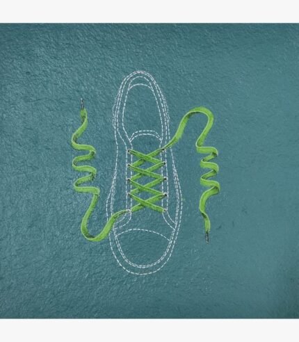 Original contemporary surrealist watercolor painting titled The Invisible Stride by Vala Yash showcasing a neon green shoelace threaded through a white stitched sneaker outline against a textured teal background.