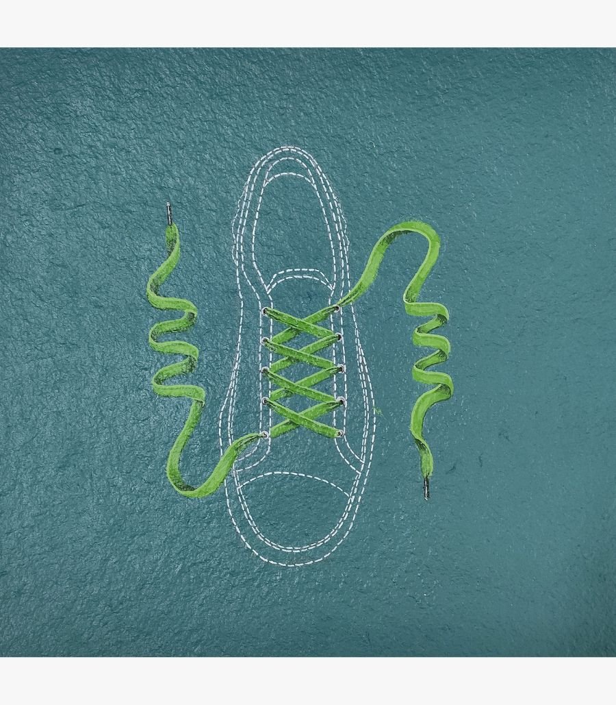 3 Original contemporary surrealist watercolor painting titled The Invisible Stride by Vala Yash showcasing a neon green shoelace threaded through a white stitched sneaker outline against a textured teal background.
