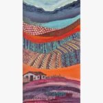 A vertical contemporary abstract landscape painting displaying a rural farmhouse situated below stylized rolling hills filled with intricate geometric patchwork patterns in acrylic on canvas, by Vikas Shiyal.