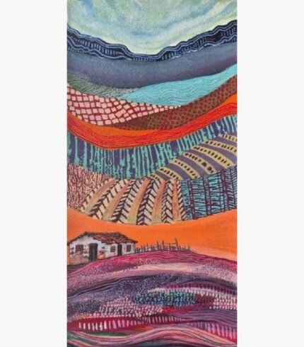 A vertical contemporary abstract landscape painting displaying a rural farmhouse situated below stylized rolling hills filled with intricate geometric patchwork patterns in acrylic on canvas, by Vikas Shiyal.