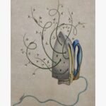 A surrealist vertical mixed media painting of a vintage clothes iron with a blue handle, out of which looping cotton vines and small insects emerge against a textured tan background, by Hardev Chauhan.