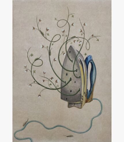 A surrealist vertical mixed media painting of a vintage clothes iron with a blue handle, out of which looping cotton vines and small insects emerge against a textured tan background, by Hardev Chauhan.