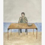 A figurative vertical mixed media painting of a barefoot man sitting at a wooden table stringing a white flower garland next to a woven basket, against a textured minimalist background, by Hardev Chauhan.