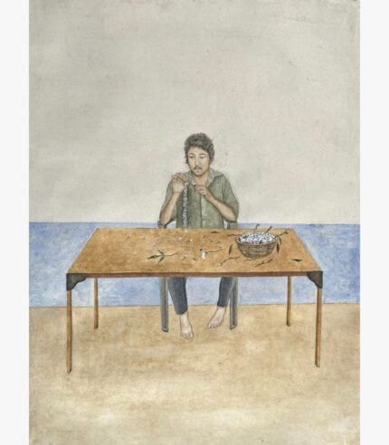 A figurative vertical mixed media painting of a barefoot man sitting at a wooden table stringing a white flower garland next to a woven basket, against a textured minimalist background, by Hardev Chauhan.
