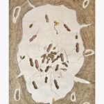 A vertical surrealist mixed media painting showing a central light earth clearing with scattered peanuts, roots, and sprouting seeds surrounded by a dense, cross-hatched brown textured border by Hardev Chauhan.