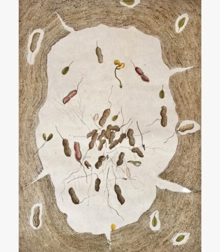 A vertical surrealist mixed media painting showing a central light earth clearing with scattered peanuts, roots, and sprouting seeds surrounded by a dense, cross-hatched brown textured border by Hardev Chauhan.