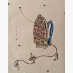 A vertical surrealist mixed media painting of a vintage clothes iron with a detailed floral fabric pattern plate and a blue handle, surrounded by botanical vine cords and handwritten color notes on a textured beige background, by Hardev Chauhan.