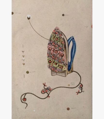 A vertical surrealist mixed media painting of a vintage clothes iron with a detailed floral fabric pattern plate and a blue handle, surrounded by botanical vine cords and handwritten color notes on a textured beige background, by Hardev Chauhan.