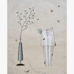 A surrealist vertical mixed media painting featuring a floating empty white suit surrounded by insects, adjacent to a tall textile spindle sprouting a cotton branch on a textured beige background, by Hardev Chauhan.