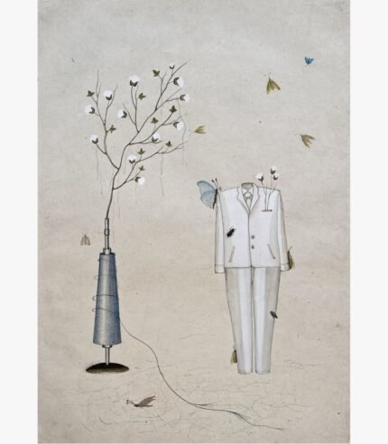 A surrealist vertical mixed media painting featuring a floating empty white suit surrounded by insects, adjacent to a tall textile spindle sprouting a cotton branch on a textured beige background, by Hardev Chauhan.