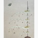 A surrealist vertical mixed media painting featuring a tall metal rod holding stacked wooden spools wrapped in measuring tape that extends out like branches with small sprouting buds against a textured beige background by Hardev Chauhan.