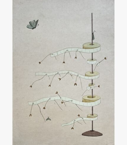 A surrealist vertical mixed media painting featuring a tall metal rod holding stacked wooden spools wrapped in measuring tape that extends out like branches with small sprouting buds against a textured beige background by Hardev Chauhan.