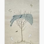 A surrealist vertical mixed media painting of a blue-grey sweater pierced by the bare branches of a central tree, with small birds and white gloves growing from the soil on a textured parchment background, by Hardev Chauhan.