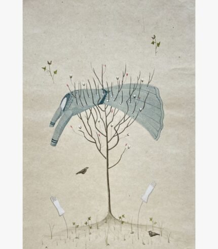 A surrealist vertical mixed media painting of a blue-grey sweater pierced by the bare branches of a central tree, with small birds and white gloves growing from the soil on a textured parchment background, by Hardev Chauhan.