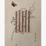A vertical surrealist mixed media painting of a brown and white striped shirt with a polka dot background pattern, interlaced with natural cotton branches and a flying butterfly, featuring color palette annotations by Hardev Chauhan.