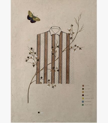 A vertical surrealist mixed media painting of a brown and white striped shirt with a polka dot background pattern, interlaced with natural cotton branches and a flying butterfly, featuring color palette annotations by Hardev Chauhan.