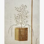 A vertical surrealist mixed media painting featuring a slender cotton plant growing out of a gold patterned cylindrical drum container, flanked by arching grass stems and vertical color test points on a textured cream background, by Hardev Chauhan.