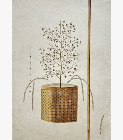 A vertical surrealist mixed media painting featuring a slender cotton plant growing out of a gold patterned cylindrical drum container, flanked by arching grass stems and vertical color test points on a textured cream background, by Hardev Chauhan.