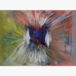 Original abstract painting titled Vibrant Nexus by Bharat Maniyar featuring an energetic central portal of textured cobalt blue and red strokes flanked by radiating yellow-green and terracotta fields on canvas.