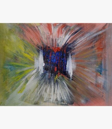 Original abstract painting titled Vibrant Nexus by Bharat Maniyar featuring an energetic central portal of textured cobalt blue and red strokes flanked by radiating yellow-green and terracotta fields on canvas.