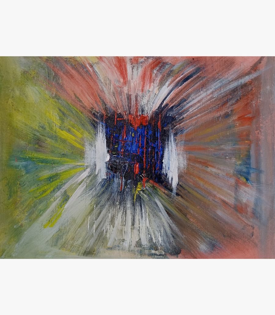4 Original abstract painting titled Vibrant Nexus by Bharat Maniyar featuring an energetic central portal of textured cobalt blue and red strokes flanked by radiating yellow-green and terracotta fields on canvas.