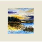 An original impressionistic watercolor landscape painting on paper depicting a peaceful lake at sunset with golden marsh reeds, flying birds, and soft dusk clouds by artist Avinash.