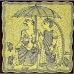 An original Indian Madhubani folk art pen and ink painting on yellow handmade paper depicting a couple sharing an umbrella during a monsoon rainstorm by artist Dr. Pratibha Jain.