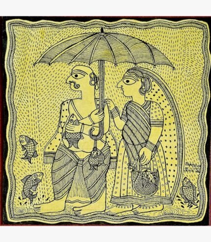 An original Indian Madhubani folk art pen and ink painting on yellow handmade paper depicting a couple sharing an umbrella during a monsoon rainstorm by artist Dr. Pratibha Jain.