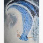 An original surrealist acrylic canvas painting featuring a woman leaping as her blue dress morphs into a towering ocean wave by artist Jyoti Machigad.