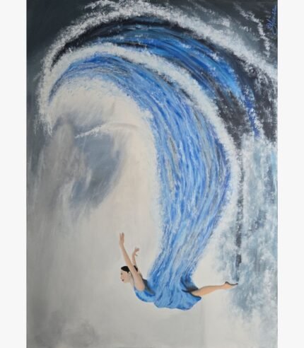 An original surrealist acrylic canvas painting featuring a woman leaping as her blue dress morphs into a towering ocean wave by artist Jyoti Machigad.