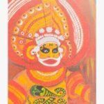 Original traditional painting titled Theyyam Ritual Echoes by Akshaya Sivadas featuring a detailed crimson and orange Theyyam dancer with a majestic circular headdress and green serpent motifs on canvas.