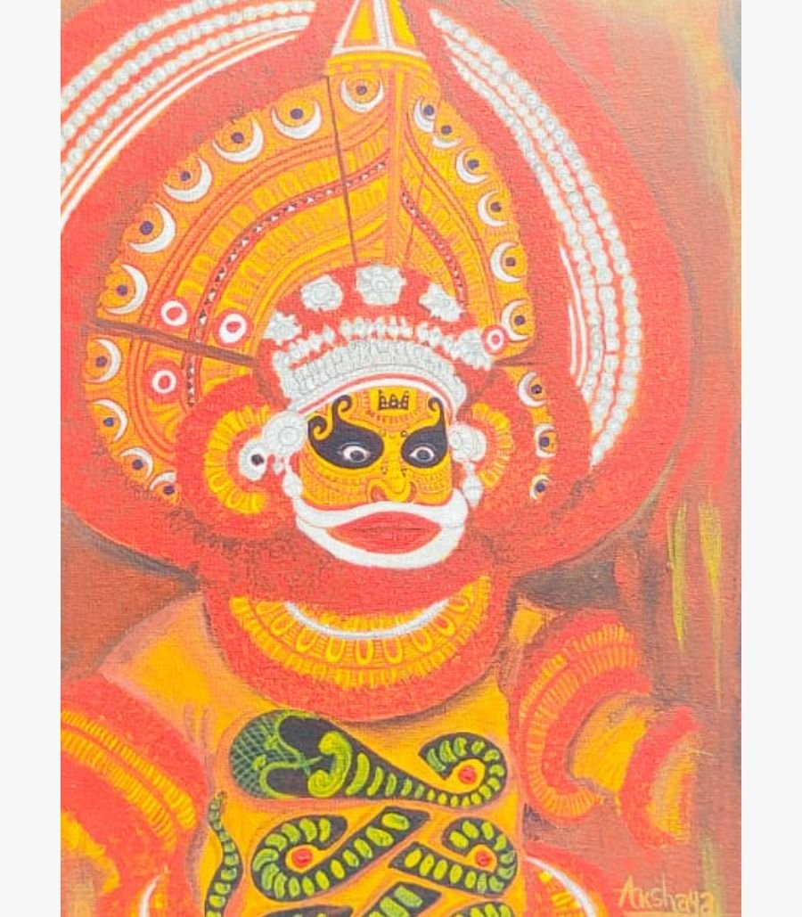 4 Original traditional painting titled Theyyam Ritual Echoes by Akshaya Sivadas featuring a detailed crimson and orange Theyyam dancer with a majestic circular headdress and green serpent motifs on canvas.