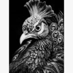 Highly detailed monochrome charcoal and graphite drawing titled Majestic Peacock (Realism) by Bharti Parmar showcasing a close-up portrait of a peacock with intricate feather textures.