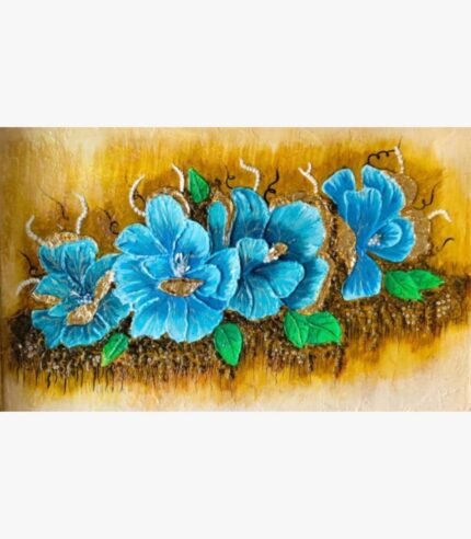 Handcrafted 3D clay relief mural titled Turquoise Blossom Harmony by Sabana Munshi featuring textured vibrant blue hibiscus flowers with metallic gold borders and green leaves on an ochre background.