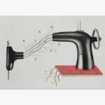 Original contemporary watercolor painting titled Threads of Evolution by Hardev Chauhan showcasing a split vintage sewing machine structure with organic flowering branches growing between the parts.
