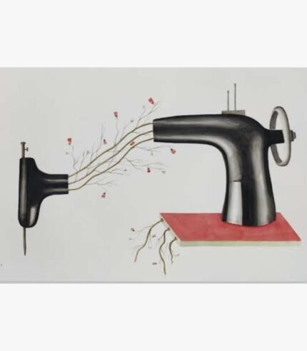 Original contemporary watercolor painting titled Threads of Evolution by Hardev Chauhan showcasing a split vintage sewing machine structure with organic flowering branches growing between the parts.