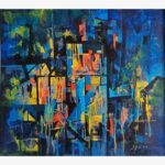 Original abstract expressionist acrylic painting titled Luminescent Harbor by Sajjad Kapasi featuring a fractured geometric nightscape in shades of deep blue, electric cyan, and glowing amber accents.