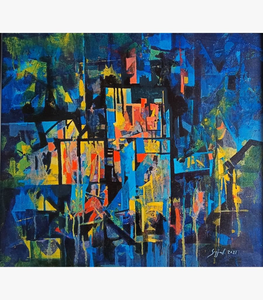 4 Original abstract expressionist acrylic painting titled Luminescent Harbor by Sajjad Kapasi featuring a fractured geometric nightscape in shades of deep blue, electric cyan, and glowing amber accents.