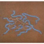 Original contemporary surrealist watercolor painting titled The Unbound Path by Vala Yash showcasing vibrant blue shoelaces snaking out of the metal eyelets of a white stitched sneaker outline against a textured brown background.