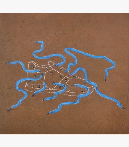 Original contemporary surrealist watercolor painting titled The Unbound Path by Vala Yash showcasing vibrant blue shoelaces snaking out of the metal eyelets of a white stitched sneaker outline against a textured brown background.