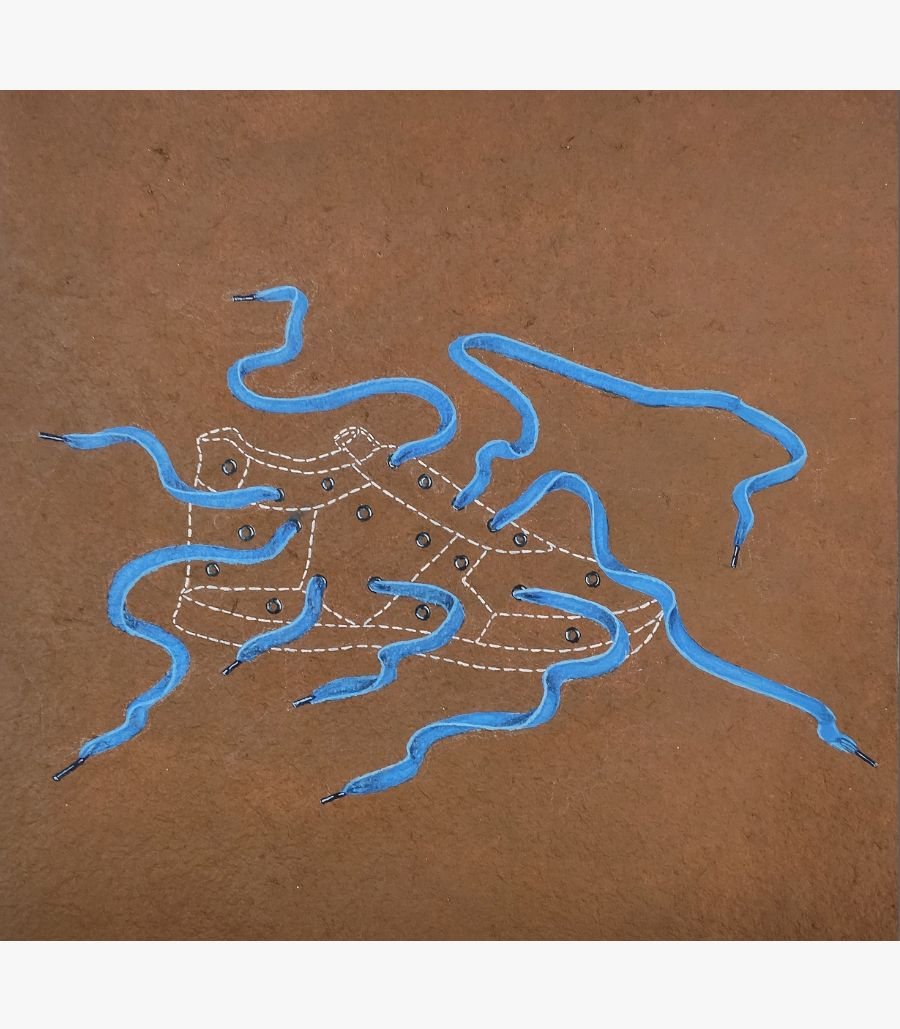 4 Original contemporary surrealist watercolor painting titled The Unbound Path by Vala Yash showcasing vibrant blue shoelaces snaking out of the metal eyelets of a white stitched sneaker outline against a textured brown background.