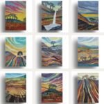 A dynamic 9-panel contemporary abstract landscape art grid displaying rolling hills, waterfalls, single trees, and patchwork crop lines in acrylic on canvas, by Vikas Shiyal.