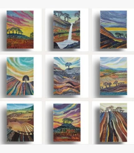 A dynamic 9-panel contemporary abstract landscape art grid displaying rolling hills, waterfalls, single trees, and patchwork crop lines in acrylic on canvas, by Vikas Shiyal.