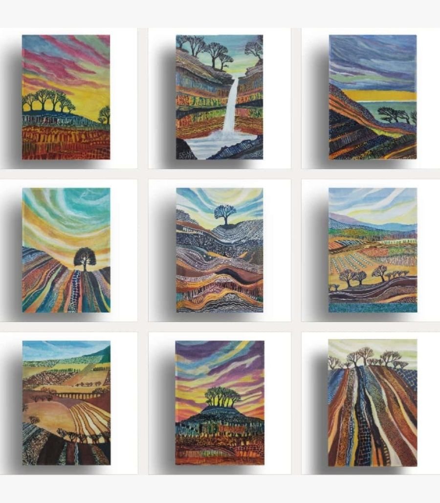 4 A dynamic 9-panel contemporary abstract landscape art grid displaying rolling hills, waterfalls, single trees, and patchwork crop lines in acrylic on canvas, by Vikas Shiyal.
